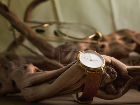 Photo for Wooden serenity, watch, eyeglasses, nature. - Royalty Free Image