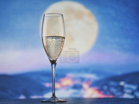 Photo for Champagne, moonlit cityscape, romantic ambiance - Royalty Free Image
