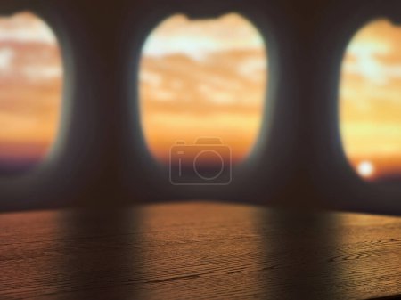 Photo for Airplane cabin, empty countertop, sunset. - Royalty Free Image
