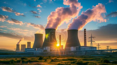 An image of harmony between the power industry and nature. Clean energy concept, nuclear power plant in the early morning.