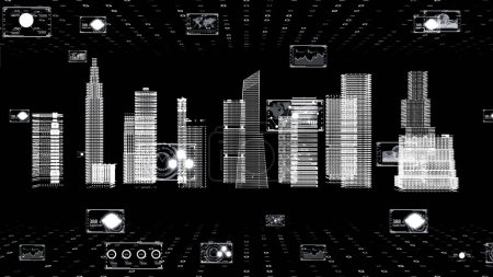 Digital cityscape with data streams, futuristic architecture