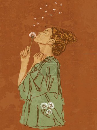Gentle illustration of a woman blowing a dandelion. Cute illustration of calmness, serenity and happiness. Boho elegant poster. Abstract Minimal Background. Bohemian printable wall art, boho poster