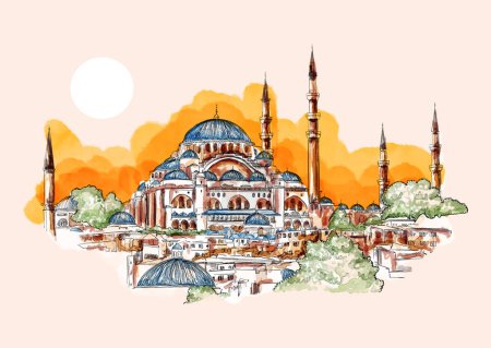 Dibujo dibujado a mano en acuarela de Aya Sofya, mezquita de Santa Sofía, Estambul, Turquía. Un famoso turismo de Turquía