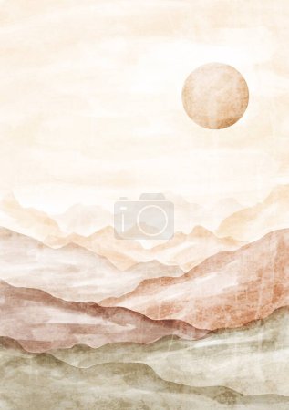 Photo for Modern Boho Watercolor Modern Landscape Art Print. Abstract Minimal Background. Mountains and Sunset. Bohemian printable wall art, boho poster, pastel abstract art, landscape drawing, nature painting. - Royalty Free Image