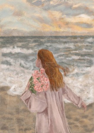 Une femme courant le long du littoral. Moderne mer rose Boho avec vagues Art Print. Résumé Minimal Background. Art mural imprimable bohème, affiche boho, art abstrait pastel, dessin paysager, mer