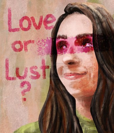 Foto de Una mujer con un área pintada de los ojos con la inscripción: Amor o Lujuria. El concepto de relaciones, sentimientos y afecto. - Imagen libre de derechos