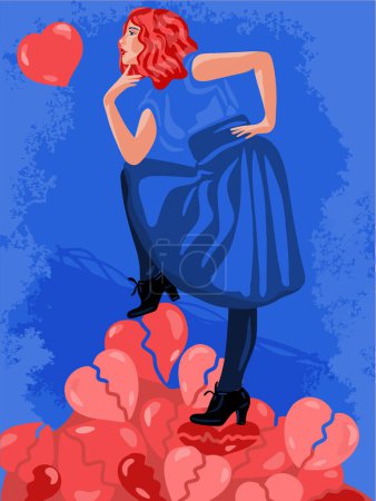 A courageous woman stands on a bunch of broken hearts and looks with interest at an unbroken heart. The concept of unhappy love, finding a partner and the concept of love. Vector flat illustration.