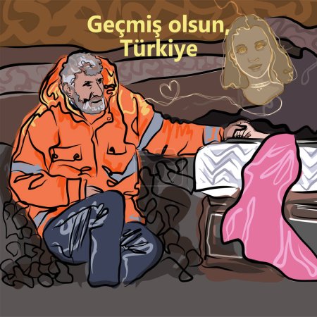 Ilustración de A picture of a father who is holding of his dead daughters hand. Kahramanmaras earthquake damage. A symbol of pain and despair after Turkish and Syrian earthquake on 6th February. - Imagen libre de derechos