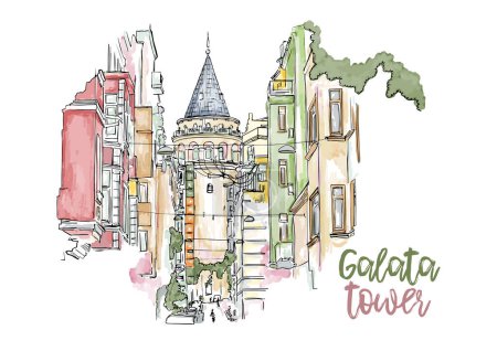 Illustration for A hand drawn watercolor sketch of Galata Tower, Istanbul, Turkey. A famous sightseeing of Turkey. A city landscape view - Royalty Free Image