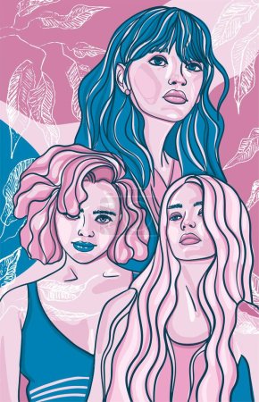 Ilustración de Tres mujeres fuertes. Tribu de mujeres, feminidad, feminismo y apoyo. Liga de Mujeres. - Imagen libre de derechos