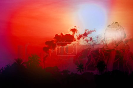 Photo for The red background depicts danger of city shrouded in industrial smog with people have to protect themselves by wearing masks and safety gear. - Royalty Free Image