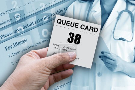 Photo for Hand holding queue card for patient who waiting in line for medical treatment. - Royalty Free Image
