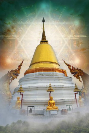 Photo for Image of large golden pagoda guarded by naga is based on Eastern beliefs about faith in heaven. - Royalty Free Image