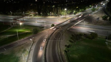 Motorway overpass at night, in Mendoza, Argentina. Aerial view.