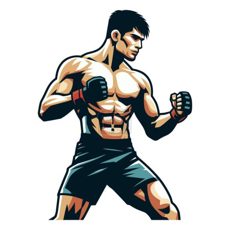 Man mixed martial arts athlete half body vector illustration, MMA sport fighter, octagon combat, punching with fist, kicking strike. design template isolated on white background