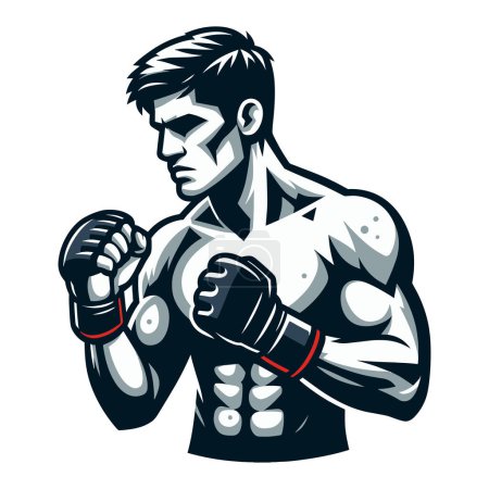 Man mixed martial arts athlete half body design illustration, MMA sport fighter, octagon combat, kicking strike, punching with fist. vector template isolated on white background