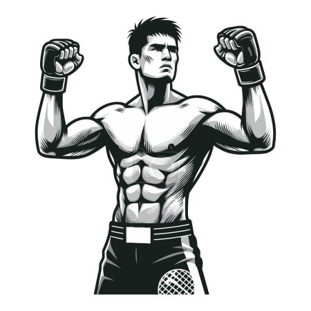 Illustration for Man mixed martial arts athlete half body vector illustration, MMA sport fighter, octagon combat, punching with fist, kicking strike. design template isolated on white background - Royalty Free Image