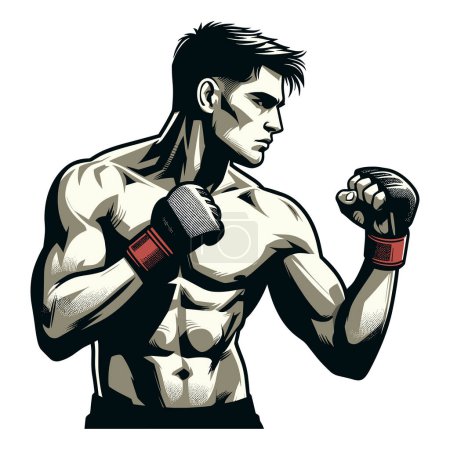 Man mixed martial arts athlete half body vector illustration, MMA sport fighter, octagon combat, punching with fist, kicking strike. design template isolated on white background