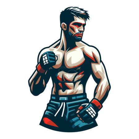 Man mixed martial arts athlete half body design illustration, MMA sport fighter, octagon combat, kicking strike, punching with fist. vector template isolated on white background