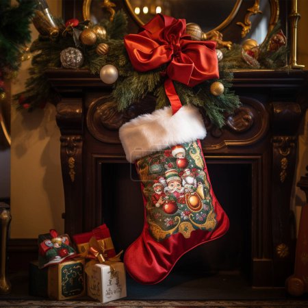 Téléchargez les photos : Bas rouge de Noël accroché à la cheminée avec des cadeaux dans la chambre. Atmosphère nocturne - en image libre de droit