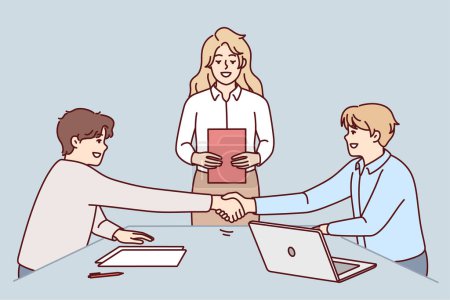 People handshake close deal at office meeting. Smiling businessmen shake hands make agreement at briefing. Employment and partnership. Vector illustration. 