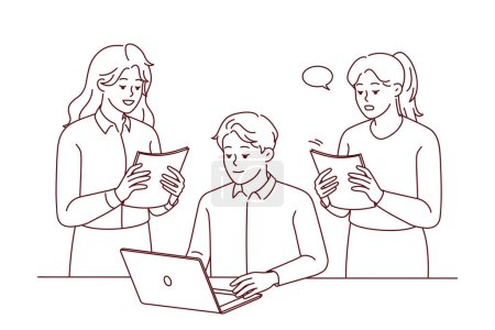 Mitarbeiterinnen mit Papierkram stehen neben männlichen Chefs oder Vorstandsvorsitzenden im Büro. Geschäftsleute arbeiten am Tisch am Arbeitsplatz mit Computern zusammen. Teamwork. Vektorillustration. 
