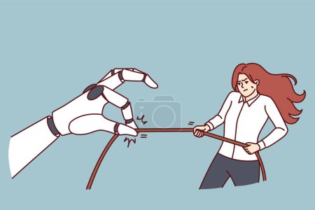 Woman and giant robot arm for concept of fight between human and artificial intelligence for jobs. Angry girl competing with robot who wants to take away work due to appearance of neural networks