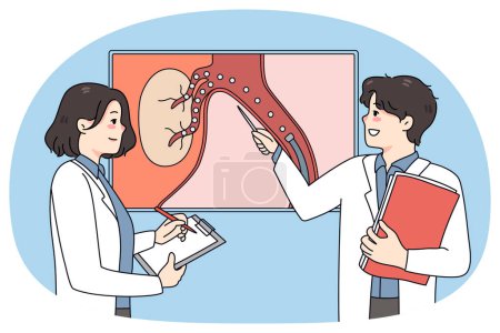 Doctors brainstorm talk about patient embolization. Medical colleague discuss diagnosis looking at organ picture. Hepatology and liver problem. Vector illustration.