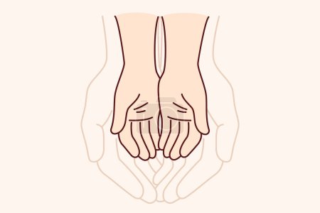 Hands of adult and child symbolize unity of different generations and care for children. Touching comparison of size of hands of father and son experiencing affection or trust in family