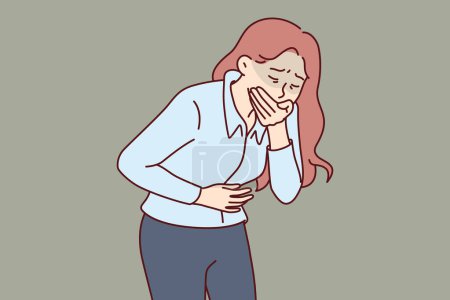 Woman suffers from nausea and covers mouth with hand after poisoning or alcohol intoxication causing vomiting. Girl feels nausea caused by intestinal disorder that negatively affects health.
