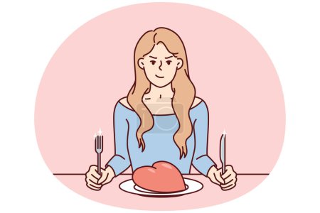 Illustration for Frowning woman sits at table with giant heart in plate and holds fork with knife. Girl for concept toxic relationship and enmity towards husband after disappointment in marriage. Flat vector design - Royalty Free Image