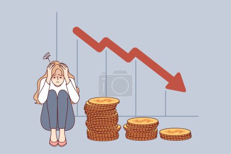 Problem of bankruptcy for girl lost savings due to financial crisis, sitting near falling economic chart. Girl is bankruptcy fighter after being fired from job and losing investments.