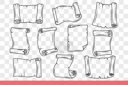 Rouleaux manuscrits en papier blanc dans un style antique avec des bords déchirés. Copiez l'espace sur des rouleaux de papier dépliés du Moyen Âge avec des informations ou des annonces importantes. Doodle dessiné à la main