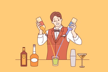 Homme barman mélange cocktail de différentes boissons alcoolisées debout au comptoir du bar de la boîte de nuit. Un barman expérimenté prépare une boisson signature à base d'alcool et de sirop pendant une fête ou un festival de vacances