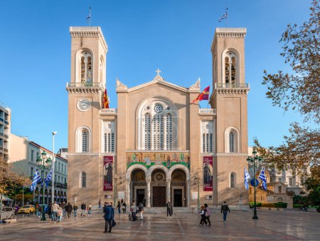 Photo for Athens, Greece - January 7  2023: The facade of the Metropolitan Cathedral of the Annunciation in Mitropoleos Square. - Royalty Free Image