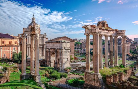 The Roman Forum, seen from Capitoline Hill. Also known by its Latin name Forum Romanum, it is a rectangular forum (plaza) surrounded by the ruins of several important ancient government buildings at the center of the city of Rome.