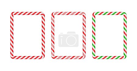 Canne à bonbons de Noël cadre carré avec rayures rouges, vertes et blanches. Bordure de Noël avec motif sucette de bonbons rayés. Modèle de Noël et nouvelle année. Illustration vectorielle isolée sur fond blanc.