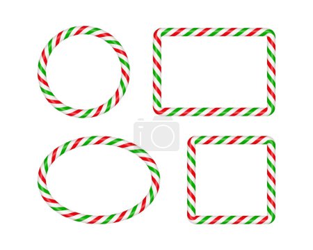 Cadres de canne à bonbons de Noël avec rayures rouges et vertes. Cercle de Noël, ovale, bordure carrée avec motif sucette à rayures. Modèle de Noël vierge. Illustration vectorielle isolée sur fond blanc