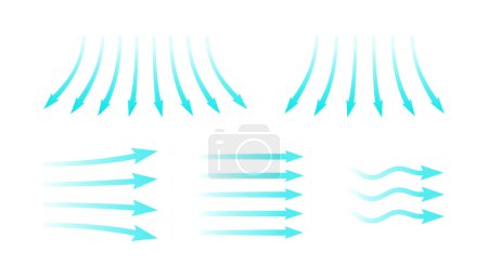 Ilustración de Flujo de aire. Conjunto de flechas azules que muestran la dirección del movimiento del aire. Flechas de dirección del viento. Corriente fresca fría azul del acondicionador. Ilustración vectorial aislada sobre fondo blanco. - Imagen libre de derechos