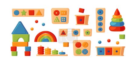 Illustration for Montessori education logic toys. Children wooden toys for preschool kids. Montessori system for early childhood development. Multicolored sorters. Set of vector illustrations on white background. - Royalty Free Image