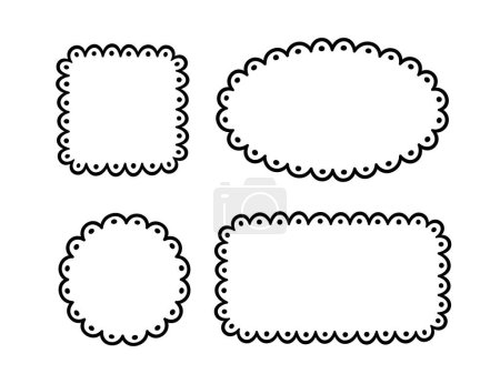 Ilustración de Doodle circle and square scalloped frames. Hand drawn scalloped edge rectangle and ellipse shapes. Simple label form. Flower silhouette lace frame. Vector illustration isolated on white background. - Imagen libre de derechos