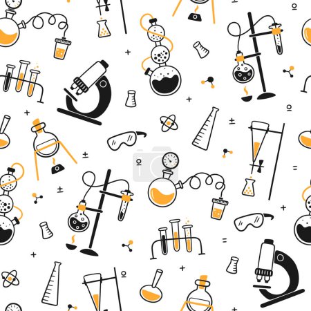 Ilustración de Science biology chemical experiment lab seamless pattern. Chemical laboratory equipment. Hand drawn chemical processes. Doodle vector illustration with lab flask, microscope on white background. - Imagen libre de derechos