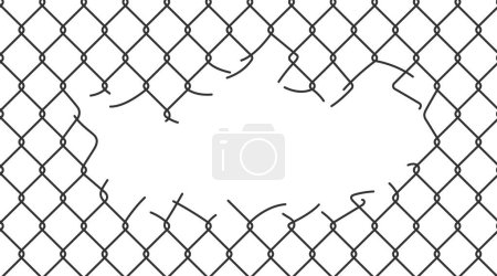 Illustration for Broken wire mesh fence. Rabitz or chain link fence with cut hole. Torn wire pirson mesh texture. Cut metal lattice grid. Vector illustration isolated on white background. - Royalty Free Image