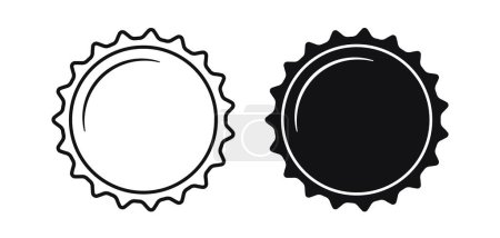 Illustration for Beer bottle cap icons. Blank label in the shape of aluminum bottle cap. Top view. Soda or beer metal lid. Black and white flat icon. Vector illustration isolated on white background. - Royalty Free Image