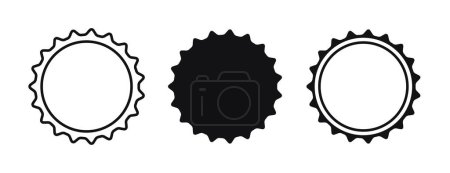 Illustration for Beer bottle cap icons. Blank label in the shape of aluminum bottle cap. Top view. Soda or beer metal lid. Black and white flat icon. Vector illustration isolated on white background. - Royalty Free Image