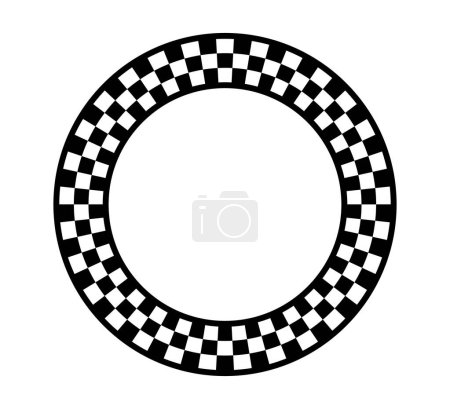 Cadre circulaire à carreaux. Cadre circulaire avec motif géométrique damier. Bordure ronde d'échecs avec motif carré noir et blanc. Cadre de course rond. Illustration vectorielle sur fond blanc.