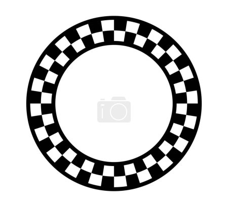 Marco de círculo a cuadros. Marco circular con patrón geométrico de tablero de ajedrez. Borde redondo de ajedrez con patrón cuadrado blanco y negro. Marco de carrera redonda. Ilustración vectorial sobre fondo blanco.