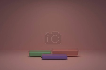 Téléchargez les photos : Abstract background, mock up scene with beige-pink, green and purple cube podiums in glass cases on beige-pink background. 3d rendering. - en image libre de droit