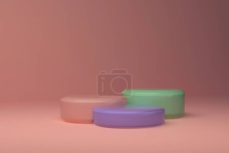 Téléchargez les photos : Abstract background, mock up scene with beige-pink, green and purple cylinder podiums in glass cases on beige-pink background. 3d rendering. - en image libre de droit