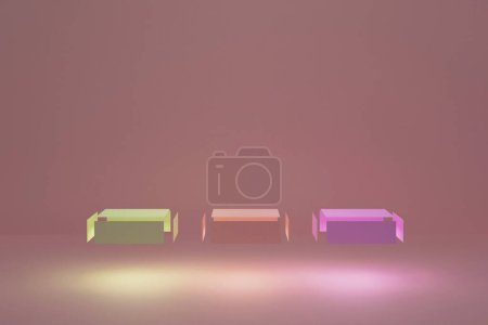 Téléchargez les photos : Abstract background, mock up scene with beige-pink, yellow and purple floating and glowing cube podiums on beige-pink background. 3d rendering. - en image libre de droit